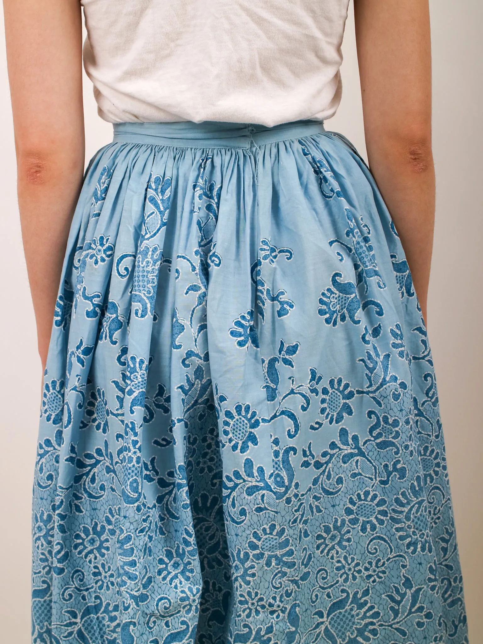 1950s Blue Floral Print Fit and Flare Circle Skirt