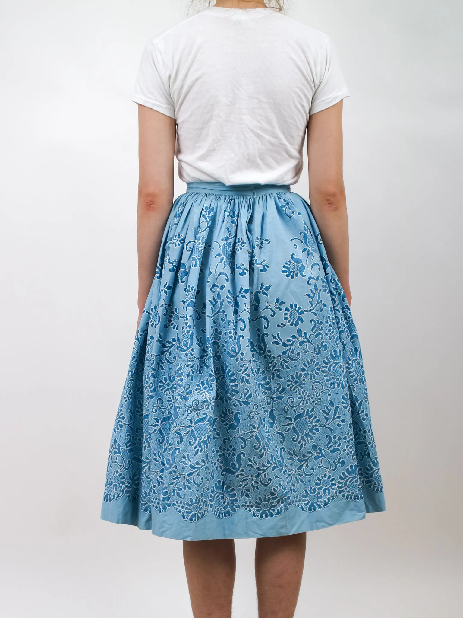 1950s Blue Floral Print Fit and Flare Circle Skirt