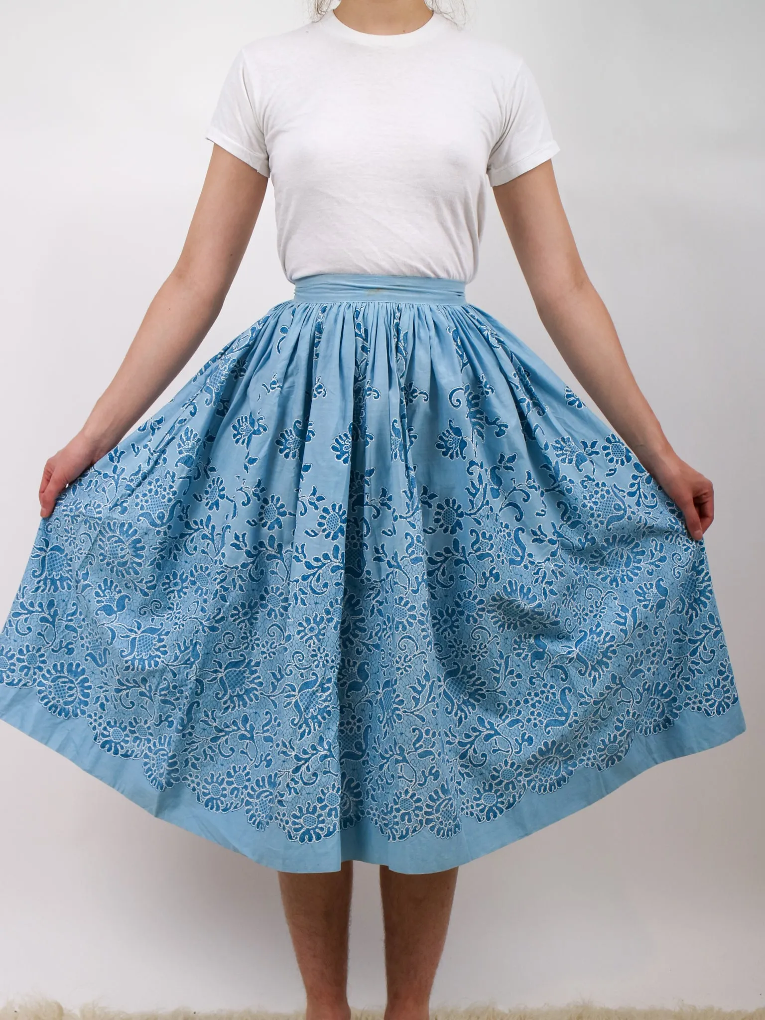 1950s Blue Floral Print Fit and Flare Circle Skirt