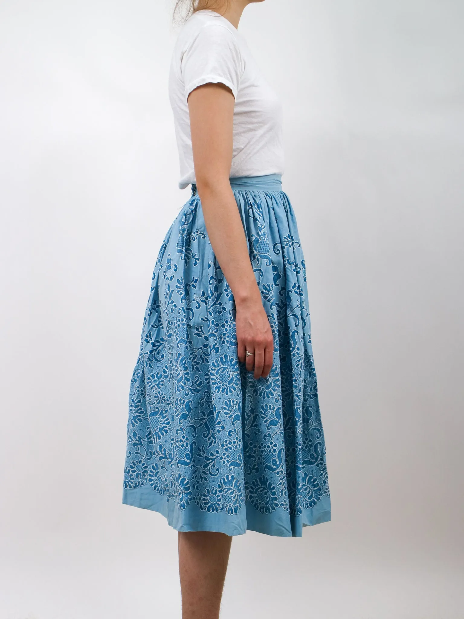 1950s Blue Floral Print Fit and Flare Circle Skirt