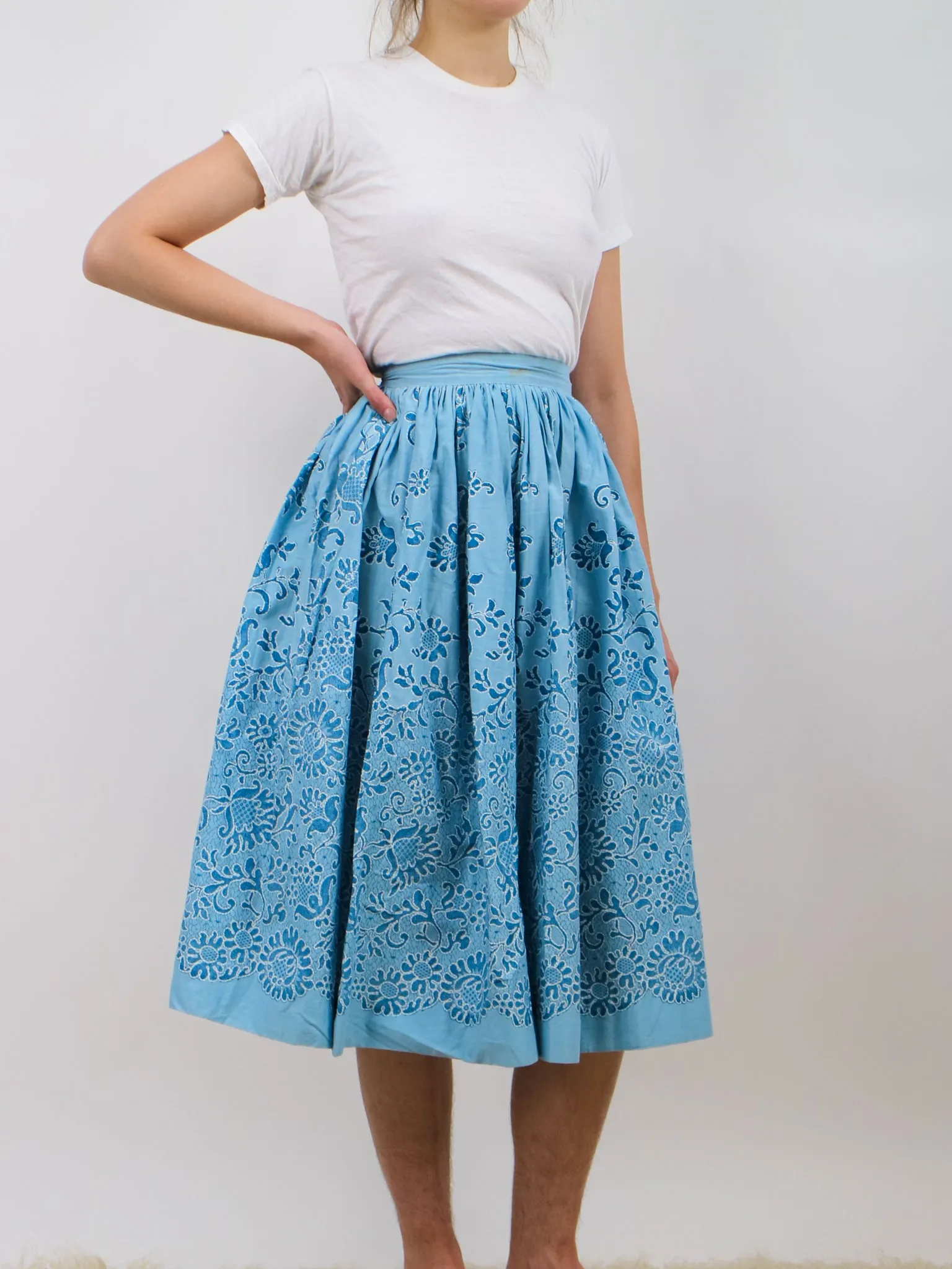 1950s Blue Floral Print Fit and Flare Circle Skirt