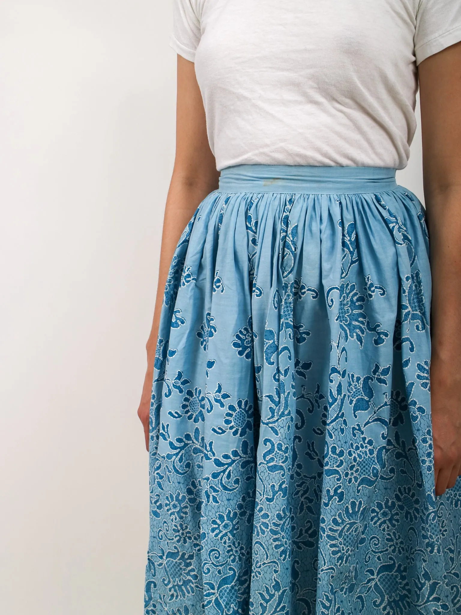 1950s Blue Floral Print Fit and Flare Circle Skirt