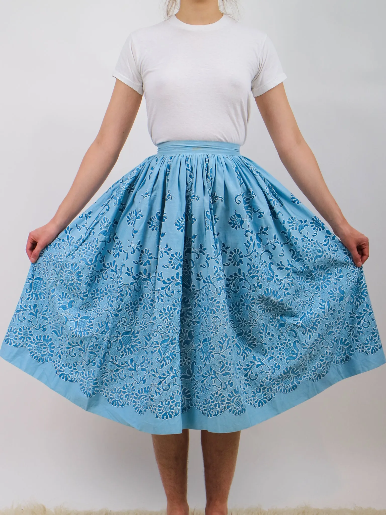 1950s Blue Floral Print Fit and Flare Circle Skirt