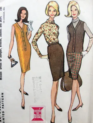 1960s Dress or Jumper,Blouse,Jacket and Skirt Pattern McCalls 7900 V Neck Dress or Jumper,Bias Collar Blouse,Slim Skirt Bust 36 Vintage Sewing Pattern FACTORY FOLDED