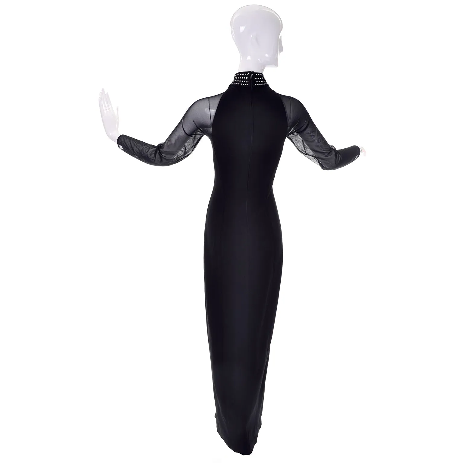 1990s Tadashi Black Vintage Evening Dress w Sheer Sleeves & Rhinestones