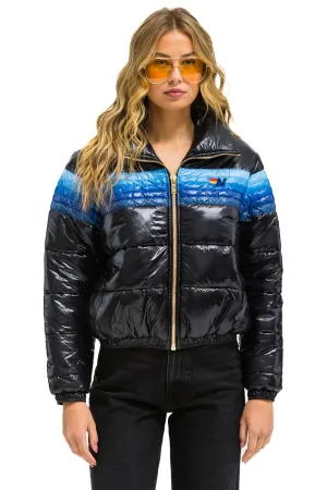 5 STRIPE LUXE APRES PUFFER JACKET - GLOSSY BLACK // BLUE STRIPES