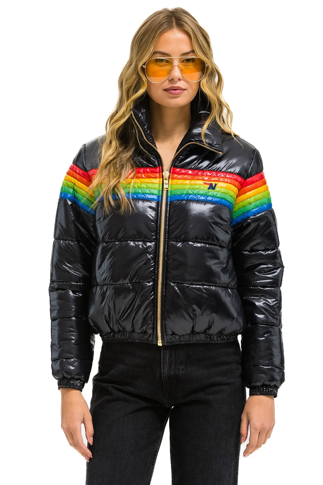 6 STRIPE LUXE APRES PUFFER JACKET - GLOSSY BLACK