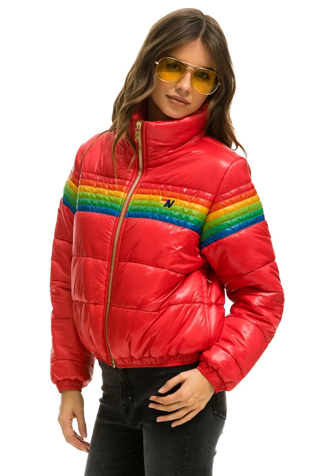 6 STRIPE LUXE APRES PUFFER JACKET - GLOSSY CHERRY