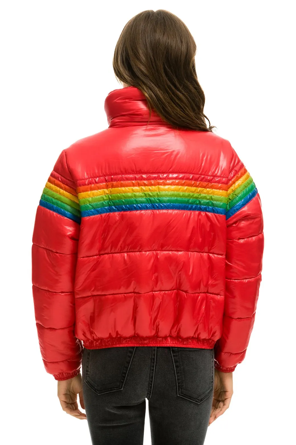 6 STRIPE LUXE APRES PUFFER JACKET - GLOSSY CHERRY