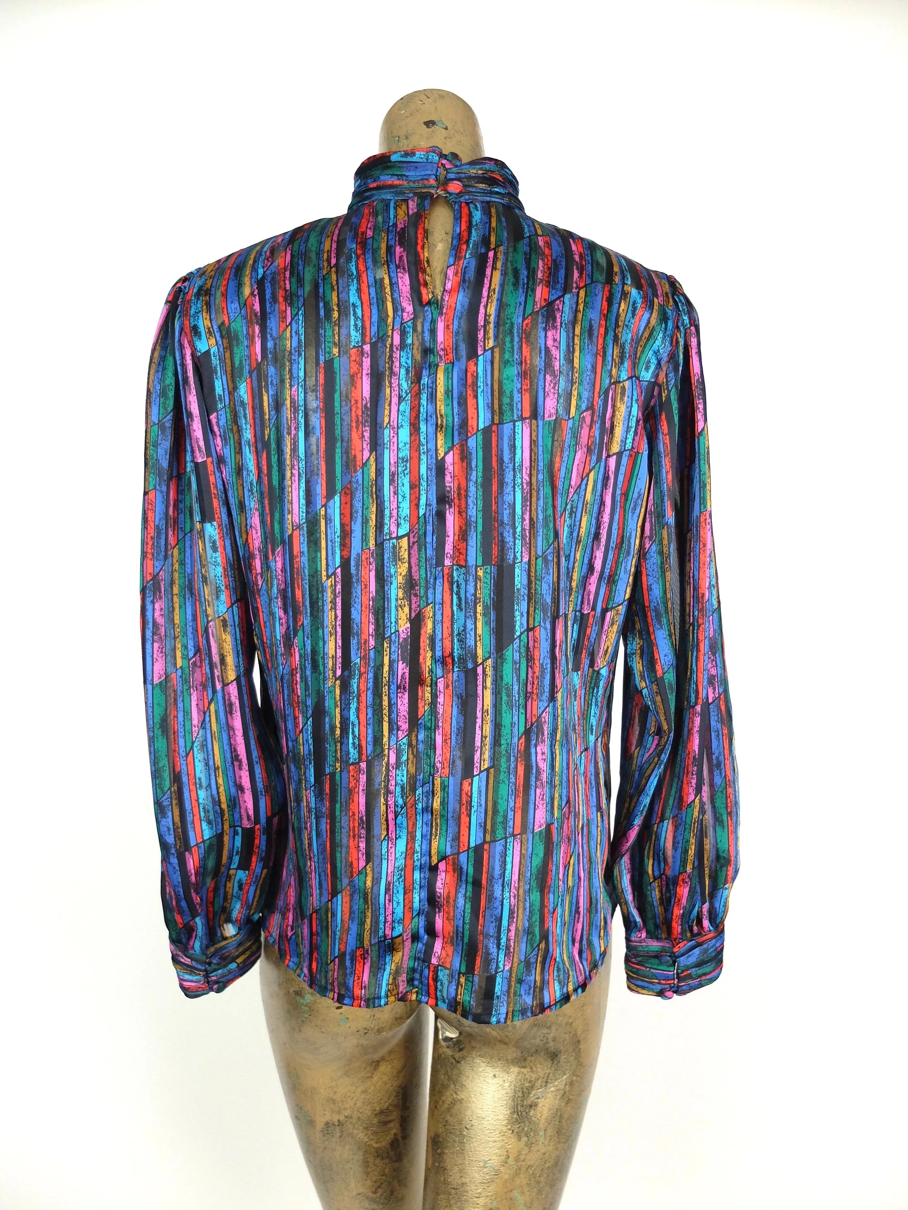 70s Mod Psychedelic Silky Rainbow Striped Turtleneck Long Sleeve Cuffed Disco Shirt