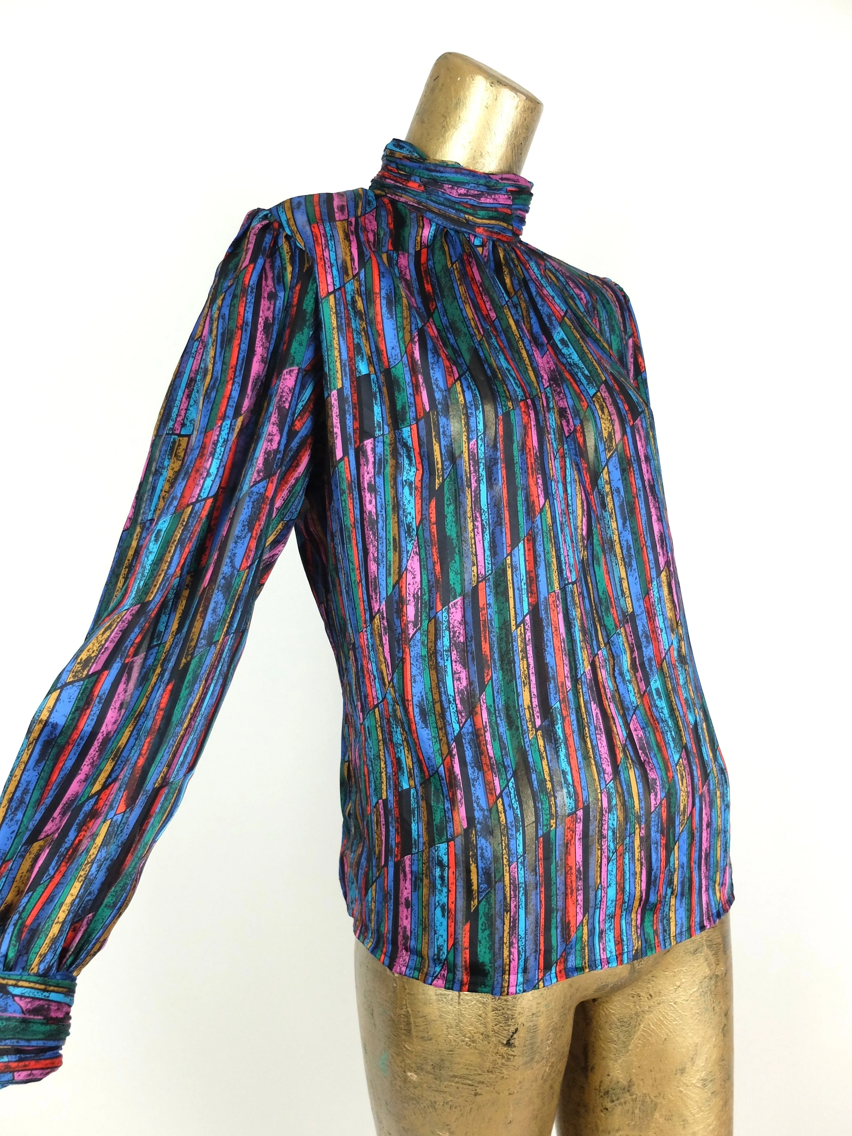 70s Mod Psychedelic Silky Rainbow Striped Turtleneck Long Sleeve Cuffed Disco Shirt