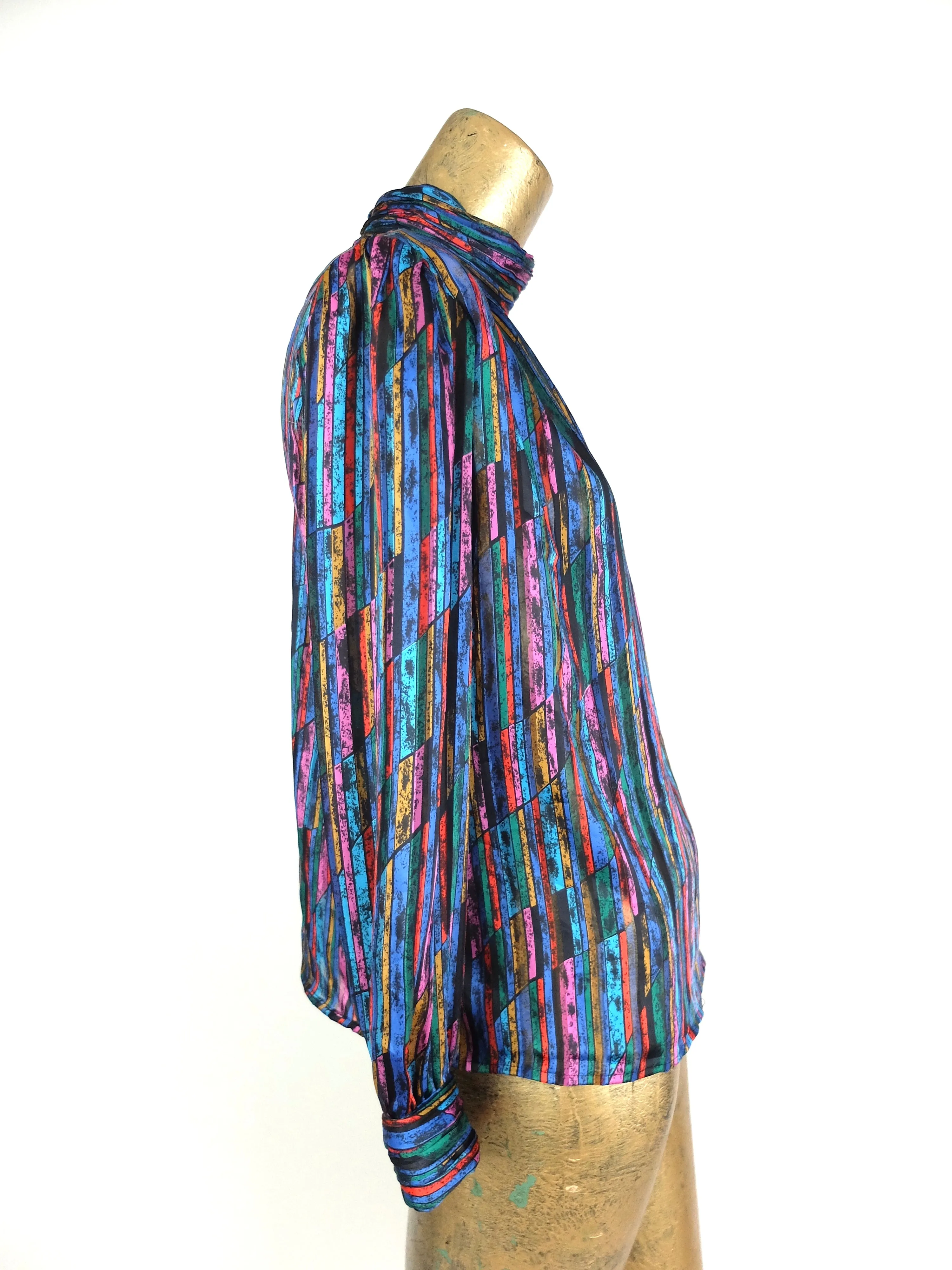 70s Mod Psychedelic Silky Rainbow Striped Turtleneck Long Sleeve Cuffed Disco Shirt