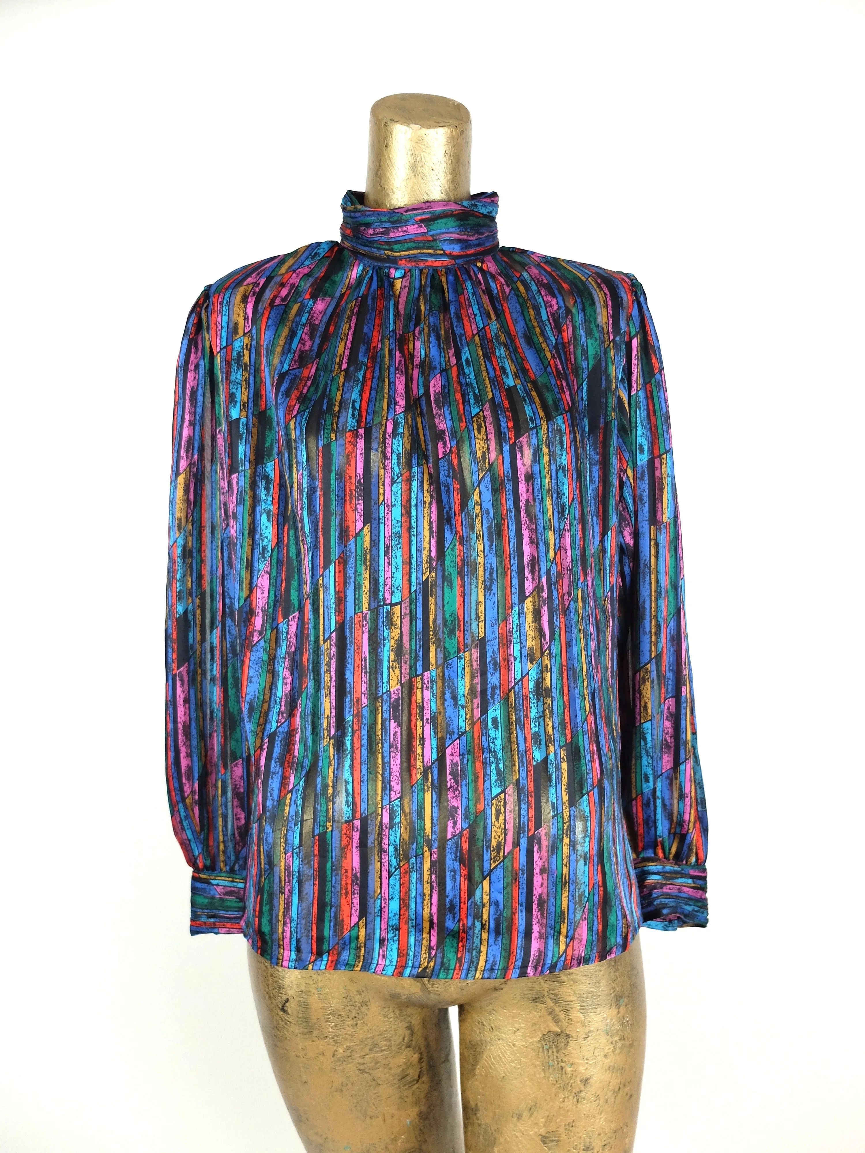 70s Mod Psychedelic Silky Rainbow Striped Turtleneck Long Sleeve Cuffed Disco Shirt