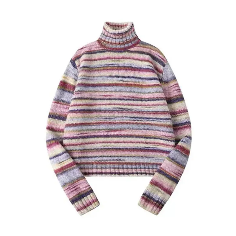 Aiertu Japanese Y2k Turtleneck Sweater Vintage Rainbow Striped Pullover Korean Fashion Knitted Jumper Harajuku Grunge Knitwear