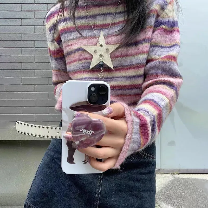 Aiertu Japanese Y2k Turtleneck Sweater Vintage Rainbow Striped Pullover Korean Fashion Knitted Jumper Harajuku Grunge Knitwear