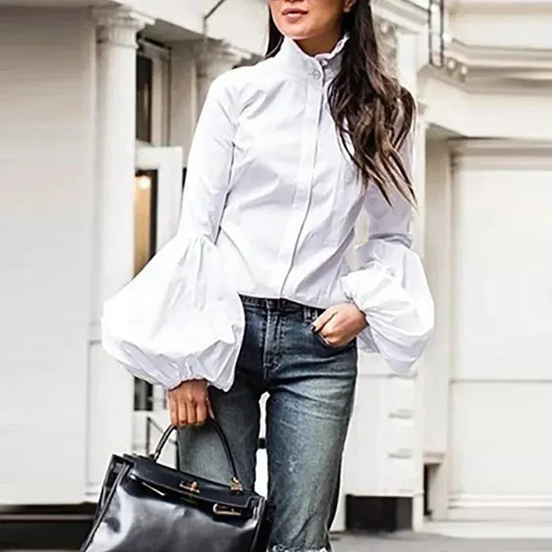 Amozae-Solid Color Buttoned T-Shirt for Women High Neck Lantern Sleeve Slim Fit Work Shirts Urban Female Elegant Blouse