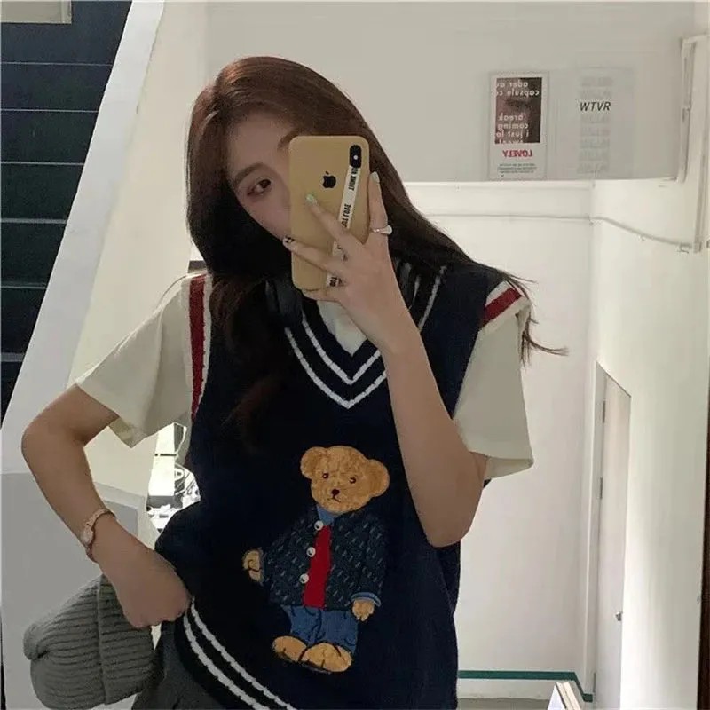 arwen ajh 2024 Autumn Winter Women's Vest Japanese Style Cartoon Bear Pullover Vest Sweater Oversize  Clothes Knitted Vest