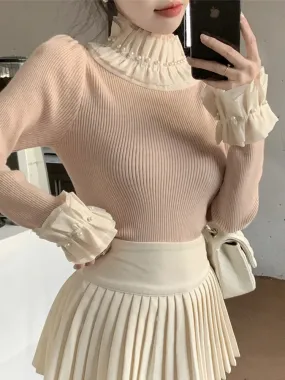 ARWEN AJH  Spring 2024 Vintage Turtleneck Ruffled Ruched Sweater Women Pearl Beading Slim Sweet Pullover Tops Long Sleeve