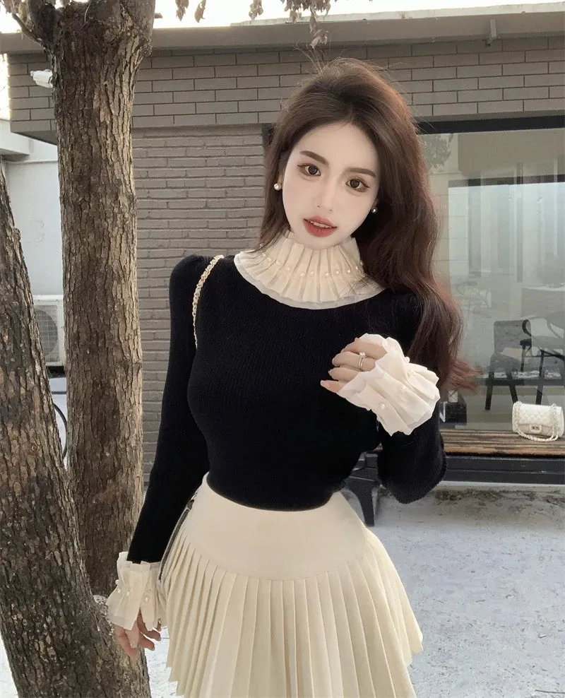 ARWEN AJH  Spring 2024 Vintage Turtleneck Ruffled Ruched Sweater Women Pearl Beading Slim Sweet Pullover Tops Long Sleeve