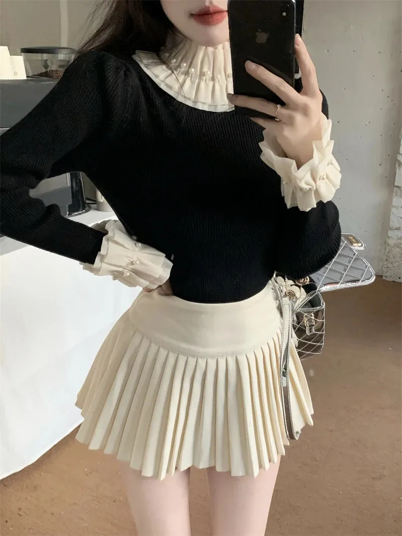 ARWEN AJH  Spring 2024 Vintage Turtleneck Ruffled Ruched Sweater Women Pearl Beading Slim Sweet Pullover Tops Long Sleeve