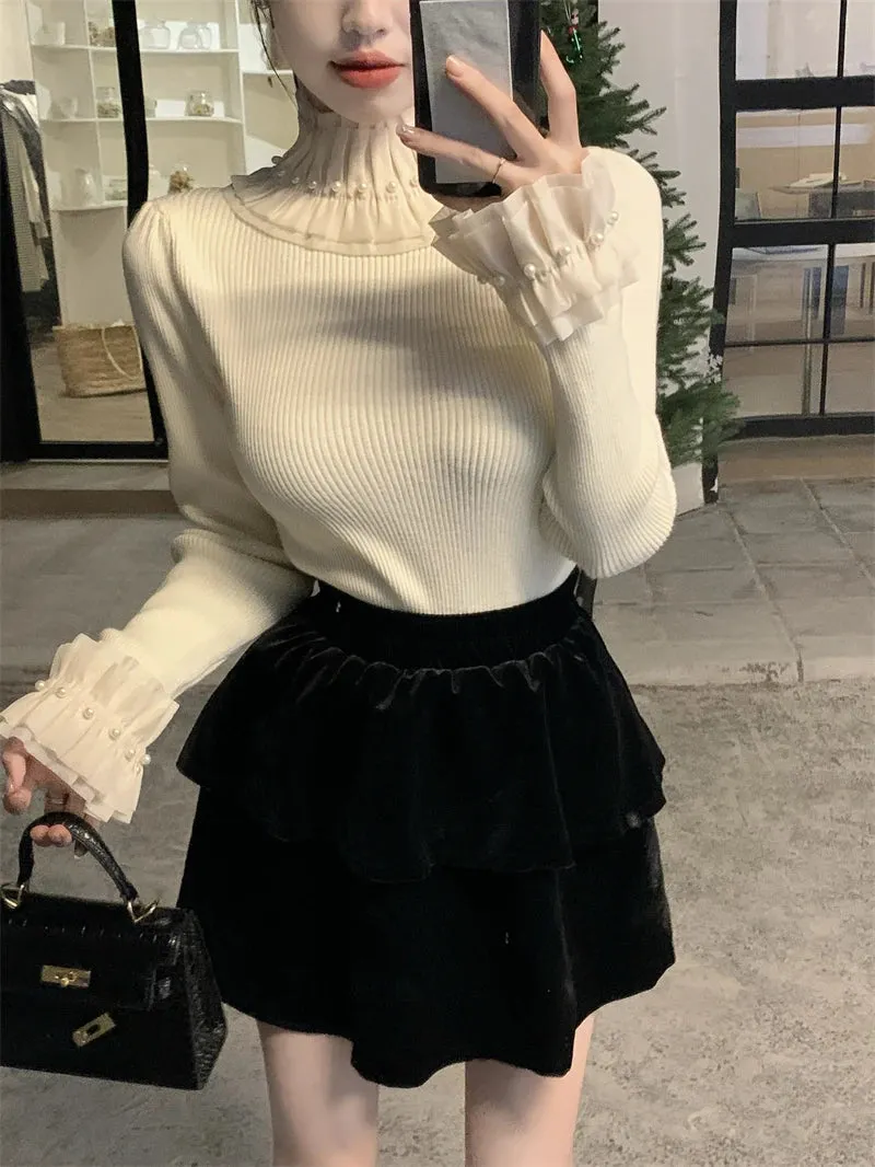 ARWEN AJH  Spring 2024 Vintage Turtleneck Ruffled Ruched Sweater Women Pearl Beading Slim Sweet Pullover Tops Long Sleeve