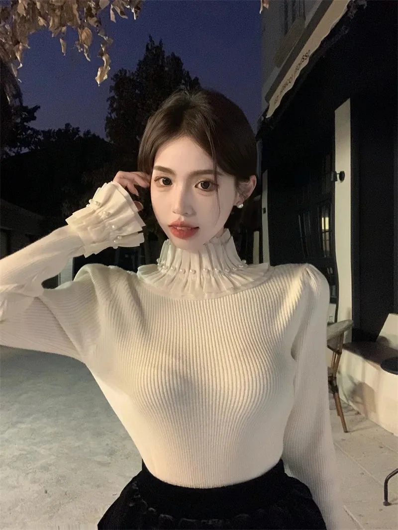 ARWEN AJH  Spring 2024 Vintage Turtleneck Ruffled Ruched Sweater Women Pearl Beading Slim Sweet Pullover Tops Long Sleeve