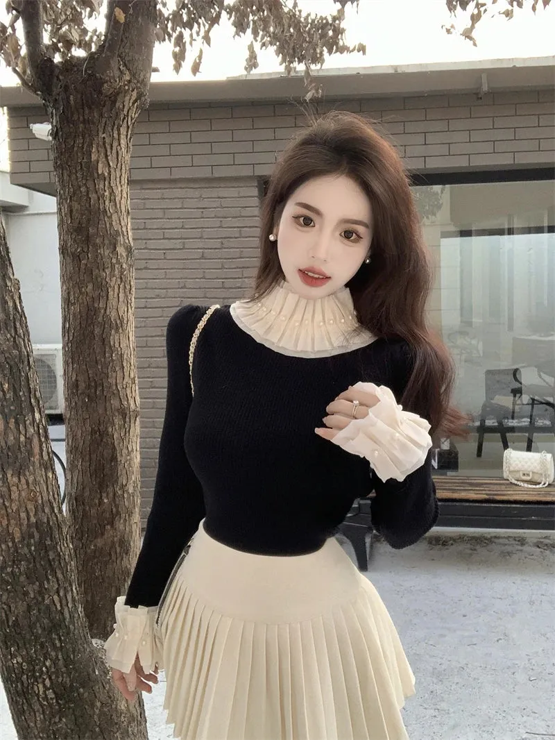 ARWEN AJH  Spring 2024 Vintage Turtleneck Ruffled Ruched Sweater Women Pearl Beading Slim Sweet Pullover Tops Long Sleeve