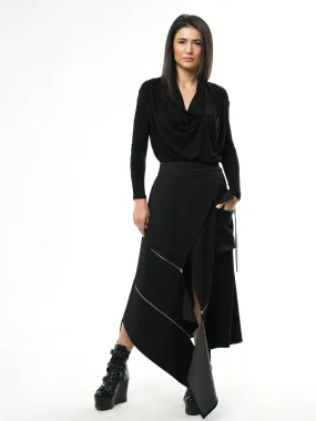 Asymmetric Black Long Skirt with Zippers