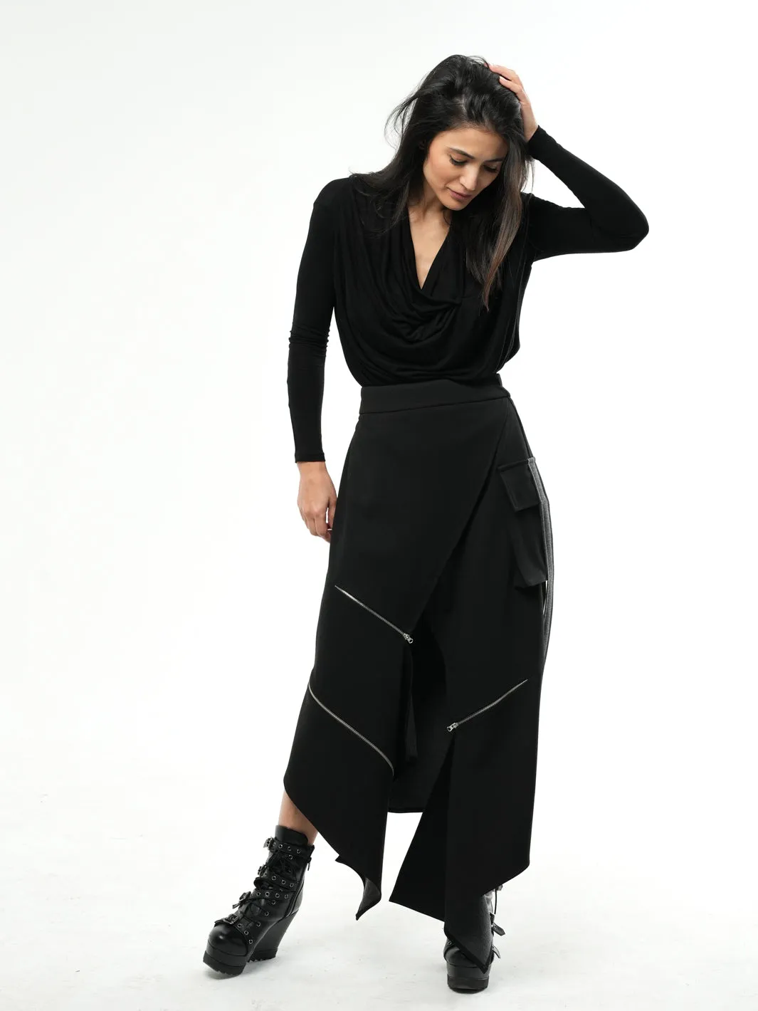 Asymmetric Black Long Skirt with Zippers