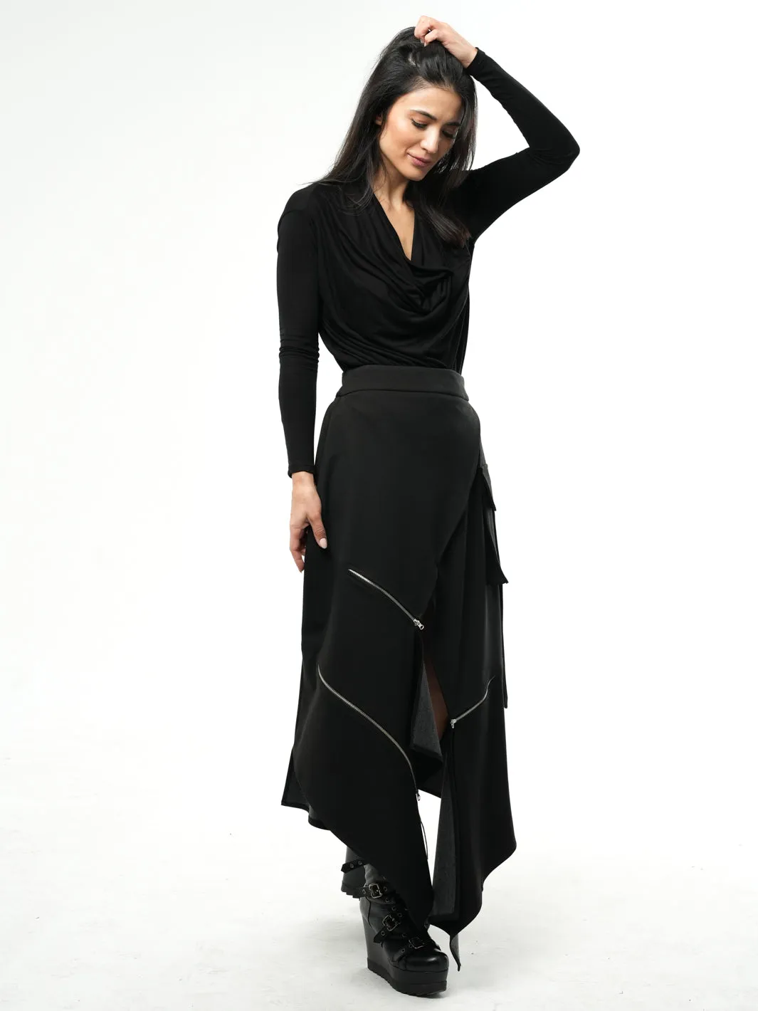 Asymmetric Black Long Skirt with Zippers