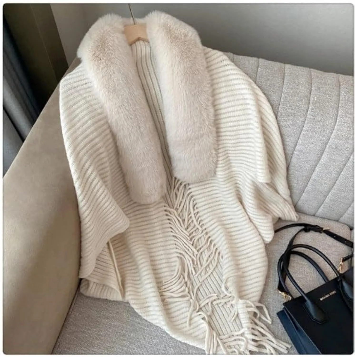 Autumn Loose Thick Imitation-Rabbit Fur Collar Sweater Women Winter Fashion Ladies Cardigan Knitted Wool Shawl Sweater Tops B-258741