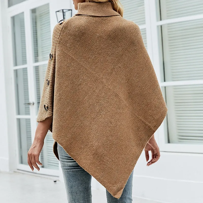 Autumn Winter Button Sweater Oversized Turtleneck Jumper Knitwear Holiday Vintage Cape Batwing Sleeve Poncho Pullover