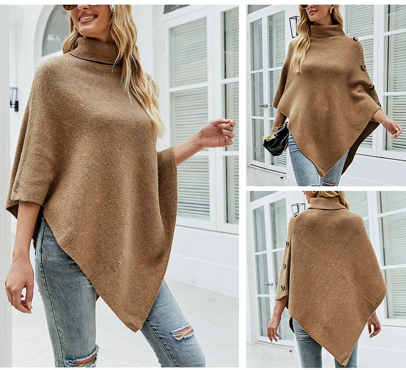 Autumn Winter Button Sweater Oversized Turtleneck Jumper Knitwear Holiday Vintage Cape Batwing Sleeve Poncho Pullover