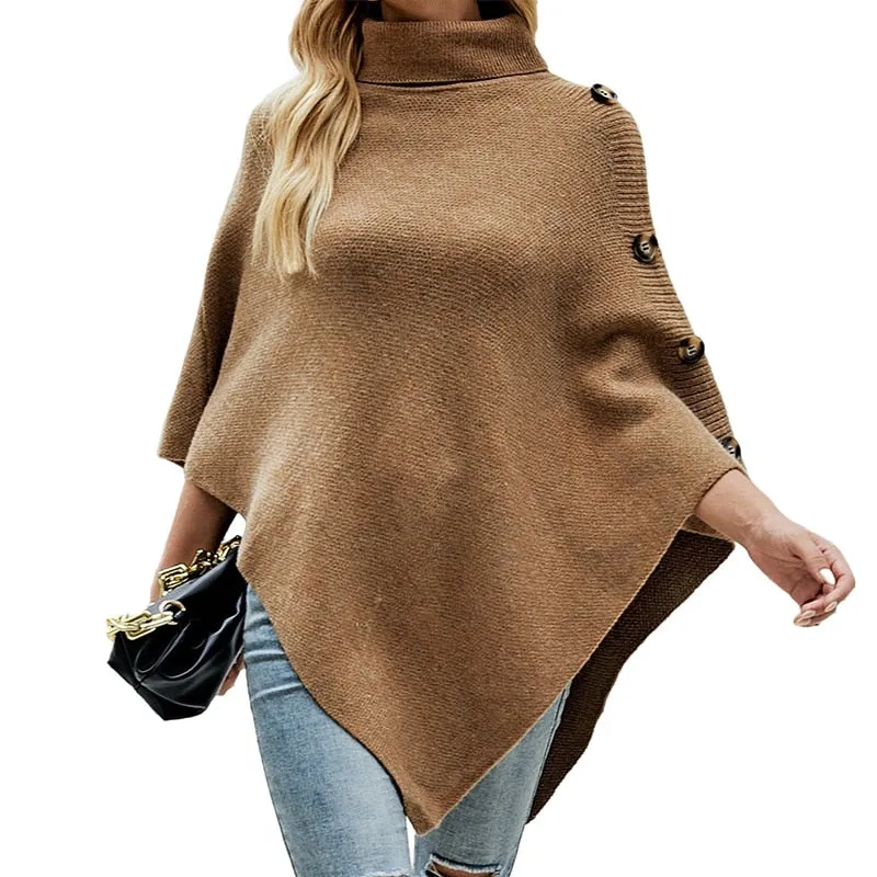 Autumn Winter Button Sweater Oversized Turtleneck Jumper Knitwear Holiday Vintage Cape Batwing Sleeve Poncho Pullover