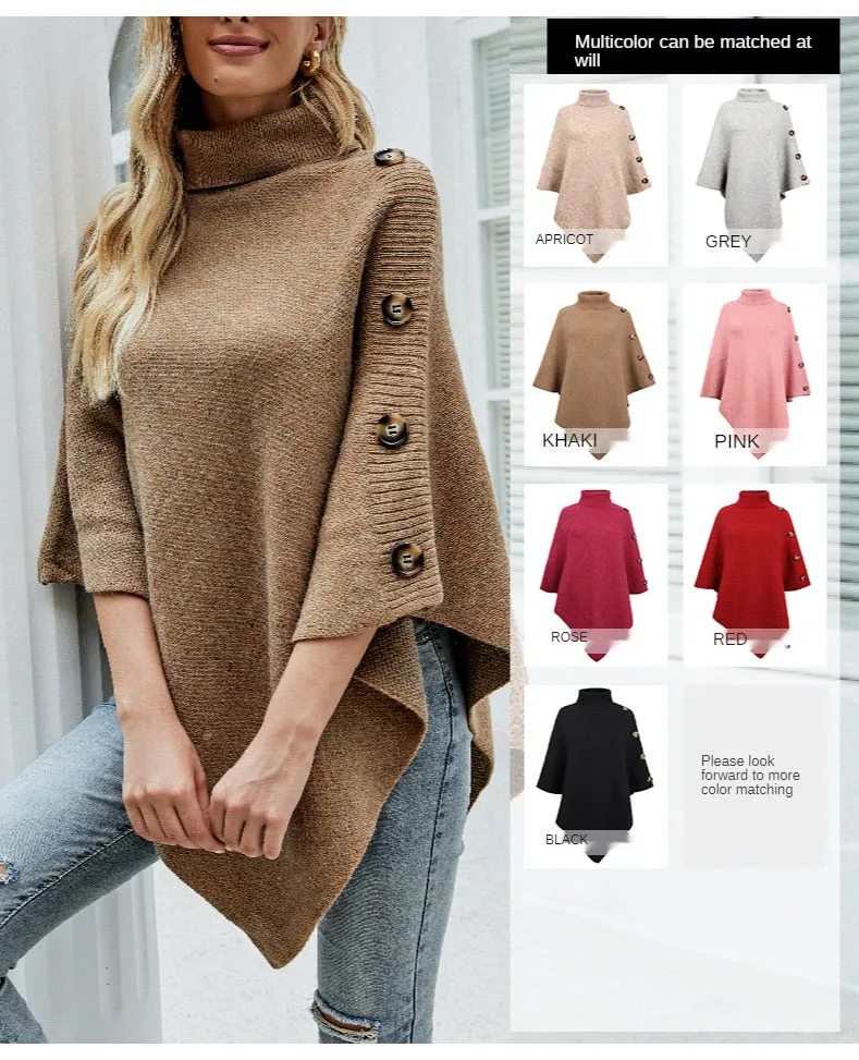 Autumn Winter Button Sweater Oversized Turtleneck Jumper Knitwear Holiday Vintage Cape Batwing Sleeve Poncho Pullover