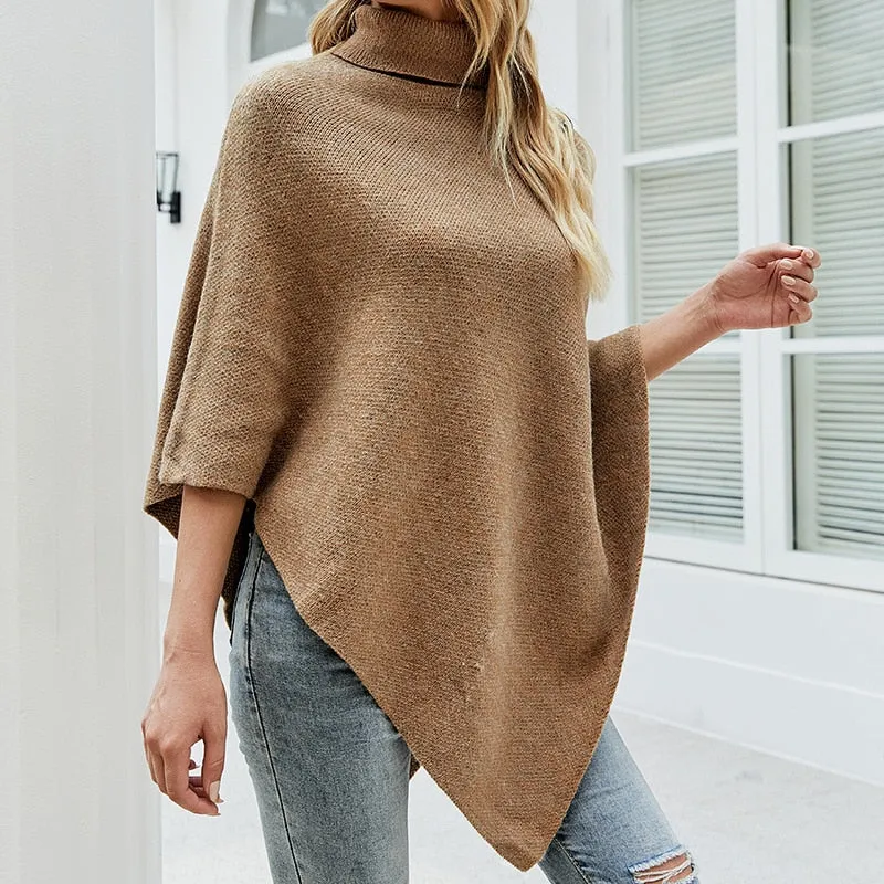 Autumn Winter Button Sweater Oversized Turtleneck Jumper Knitwear Holiday Vintage Cape Batwing Sleeve Poncho Pullover