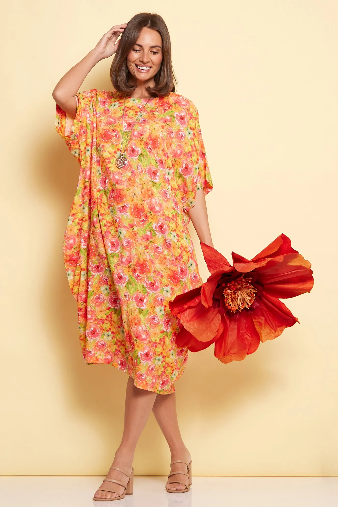 Ayla Cotton Cocoon Dress - Tangerine Rose