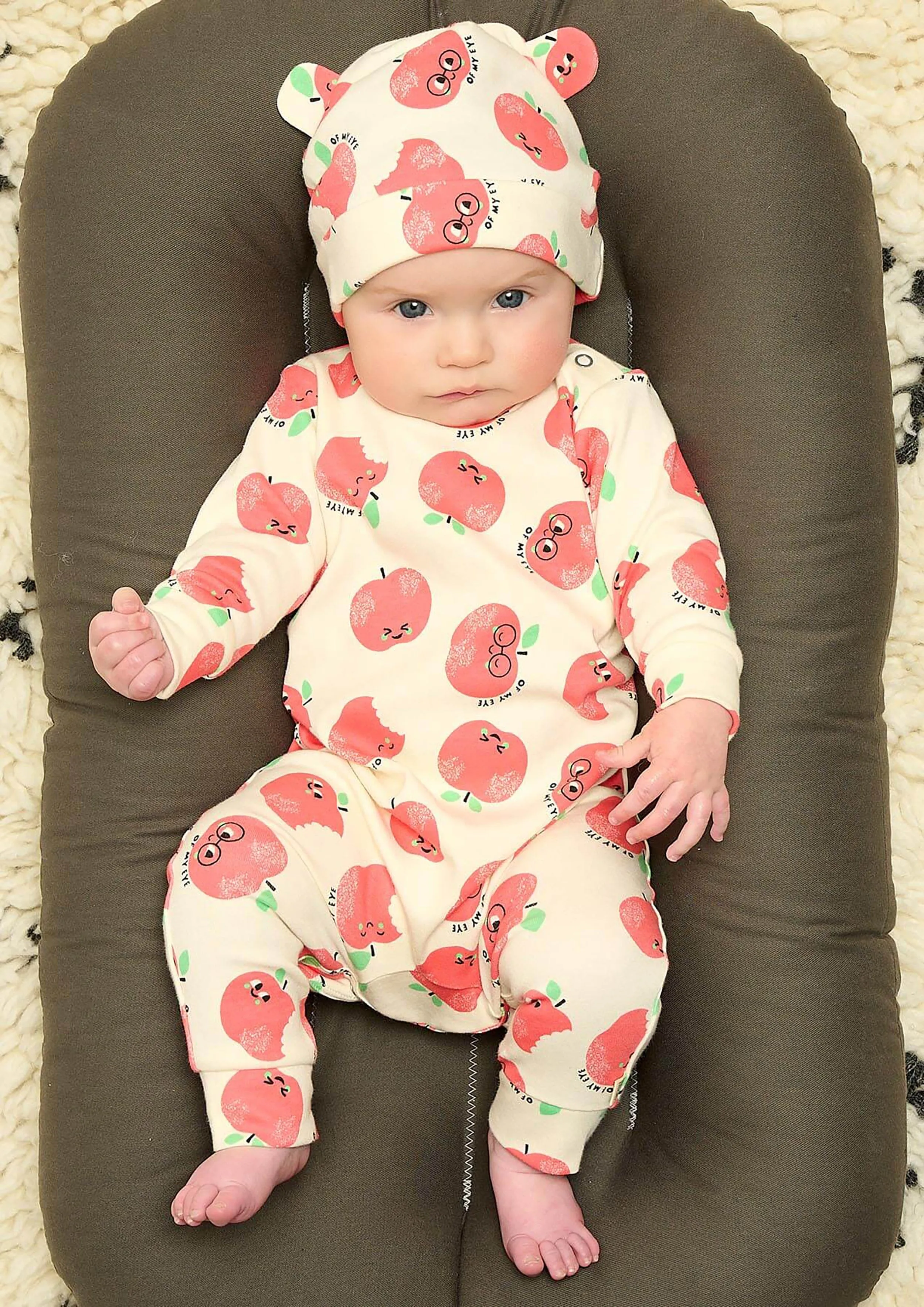 Baby Apple Print Hat With Ears in Red