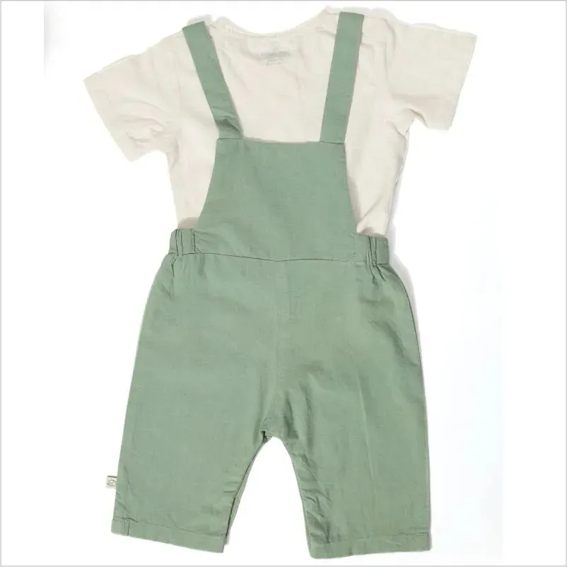 Baby Short Sleeves Shirt & Dungaree Set - White & Mineral Green