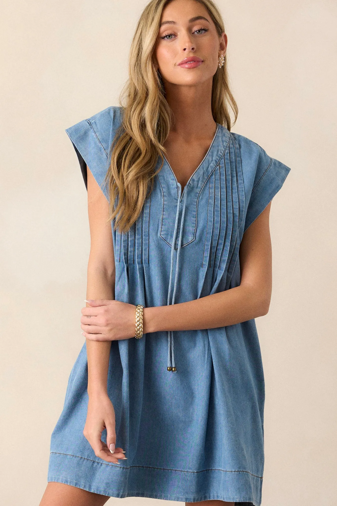 Be Someone Light Wash Chambray Pleated Mini Dress