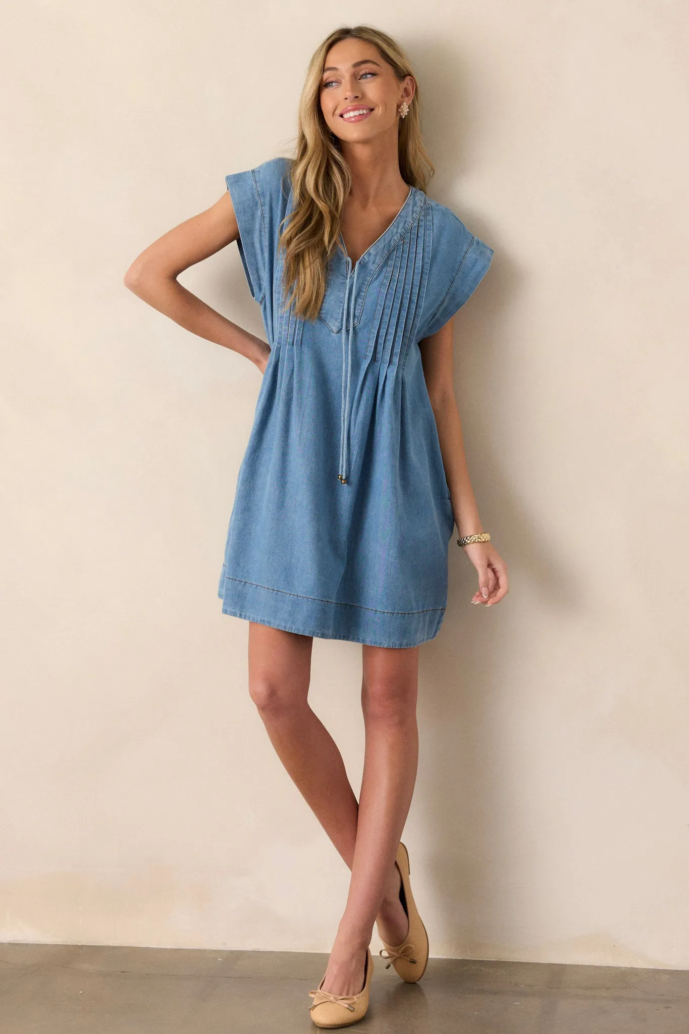 Be Someone Light Wash Chambray Pleated Mini Dress