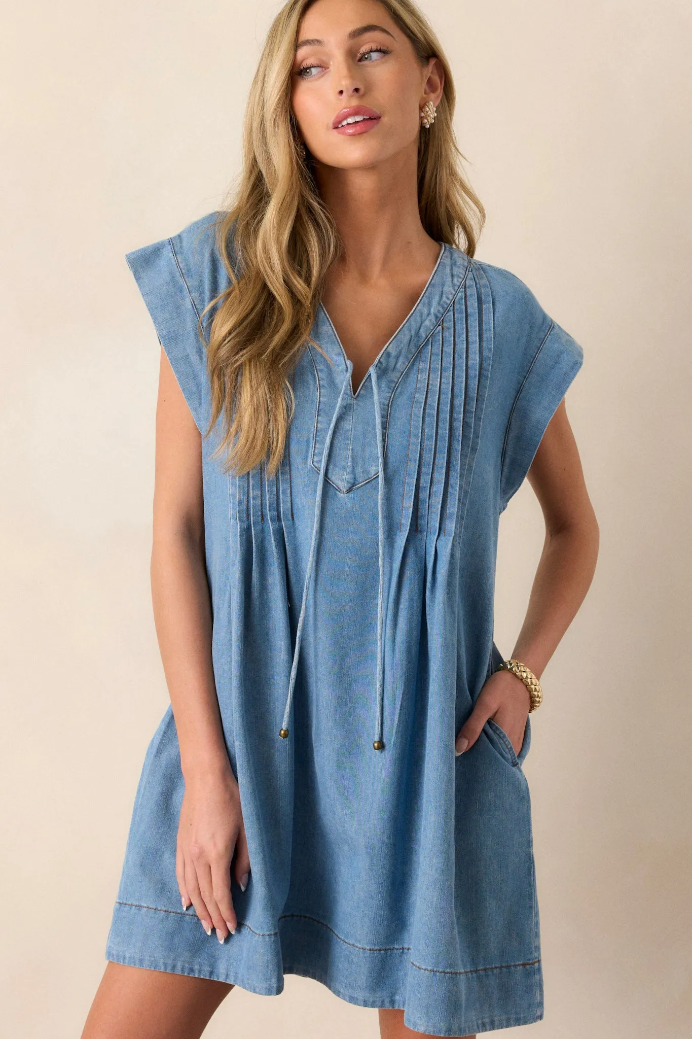 Be Someone Light Wash Chambray Pleated Mini Dress