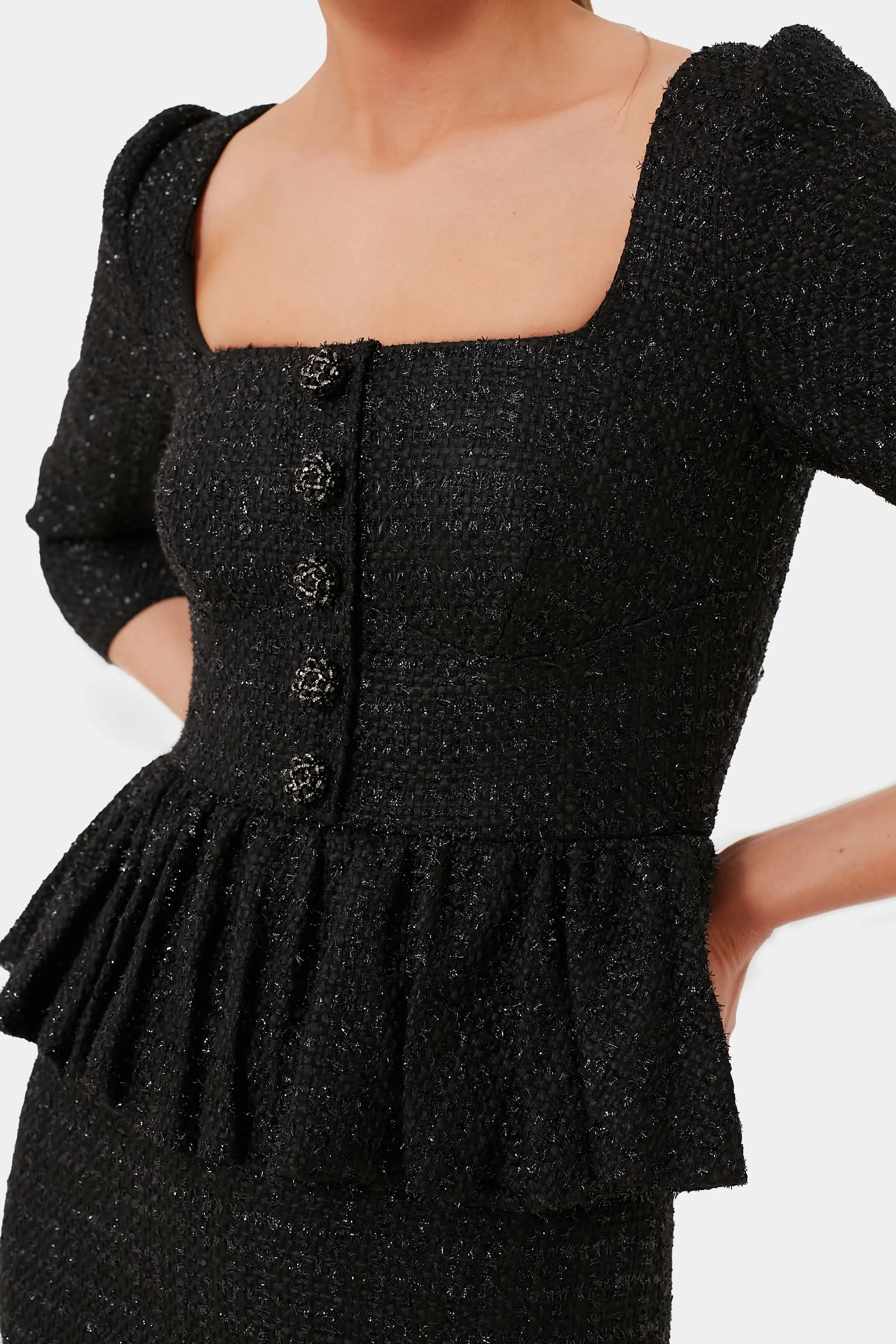 Black Boucle Peplum Midi Dress