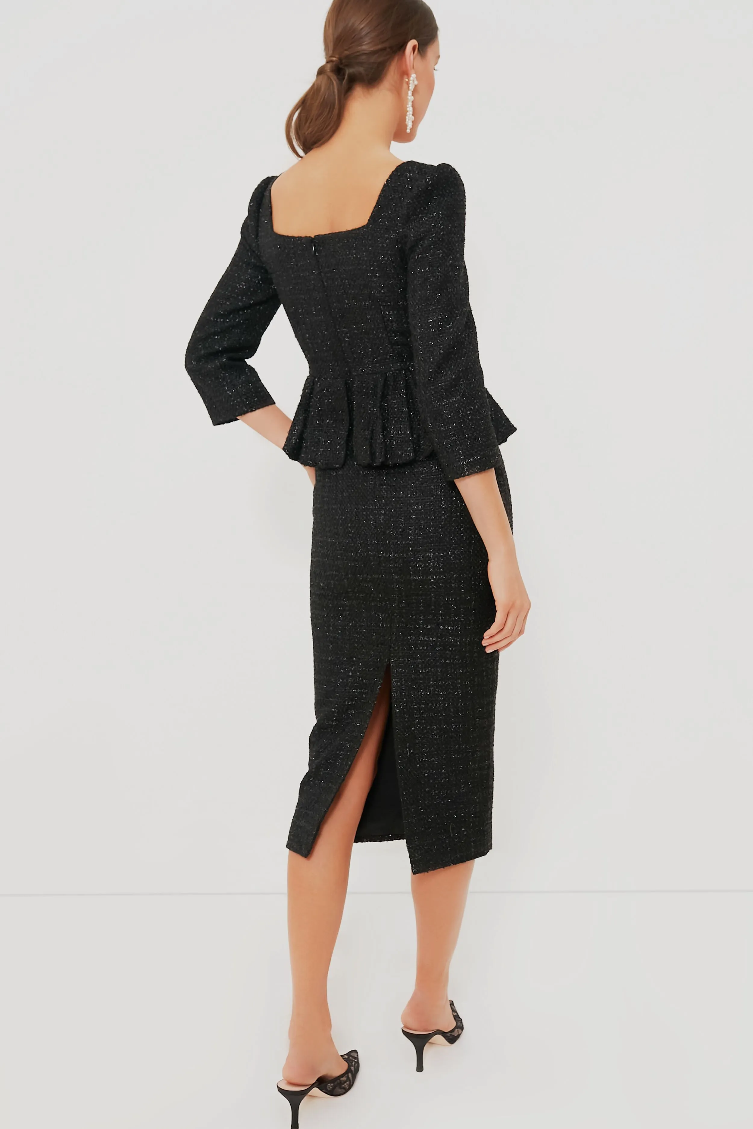 Black Boucle Peplum Midi Dress