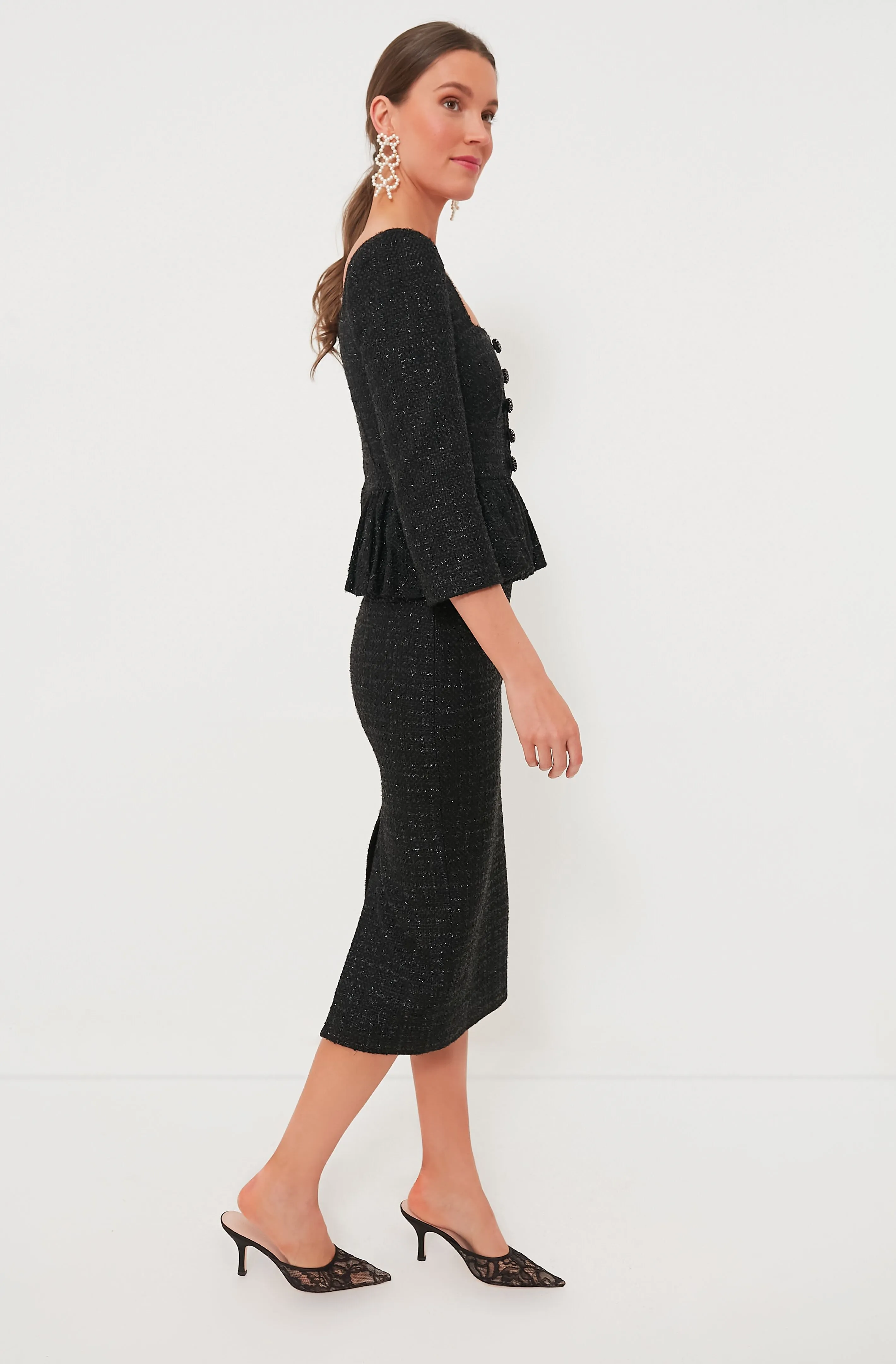 Black Boucle Peplum Midi Dress