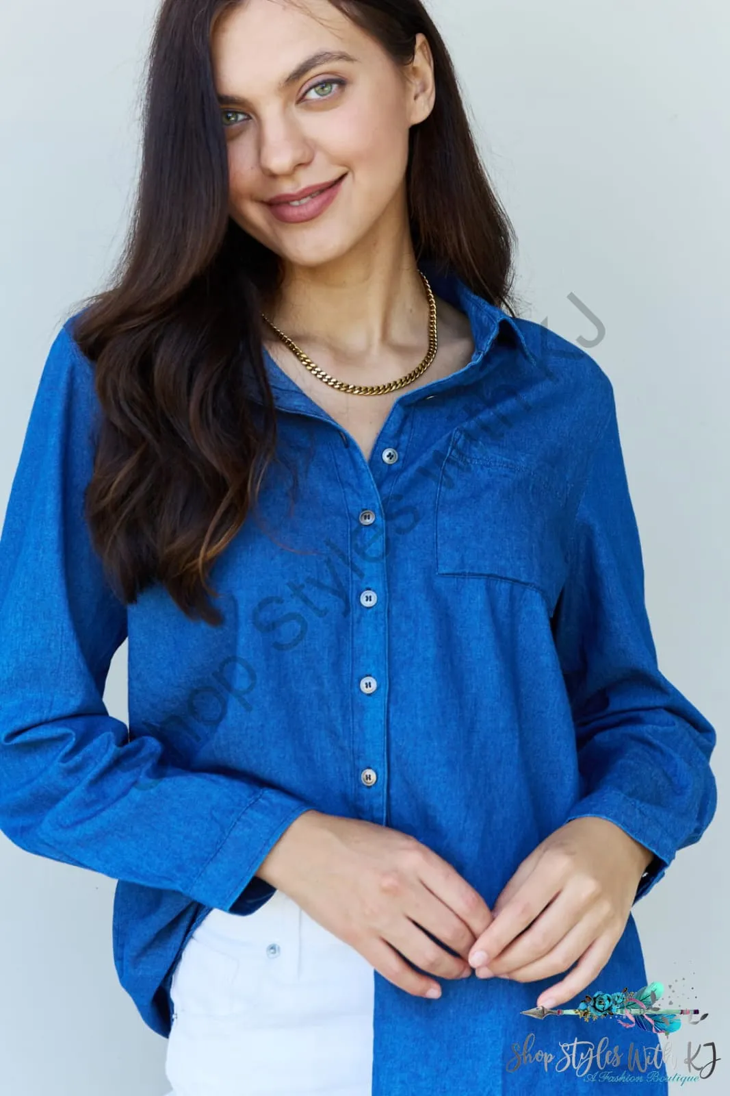 Blue Jean Baby Denim Button Down Shirt Top in Dark Blue