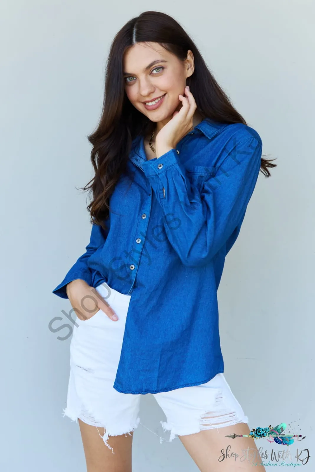 Blue Jean Baby Denim Button Down Shirt Top in Dark Blue