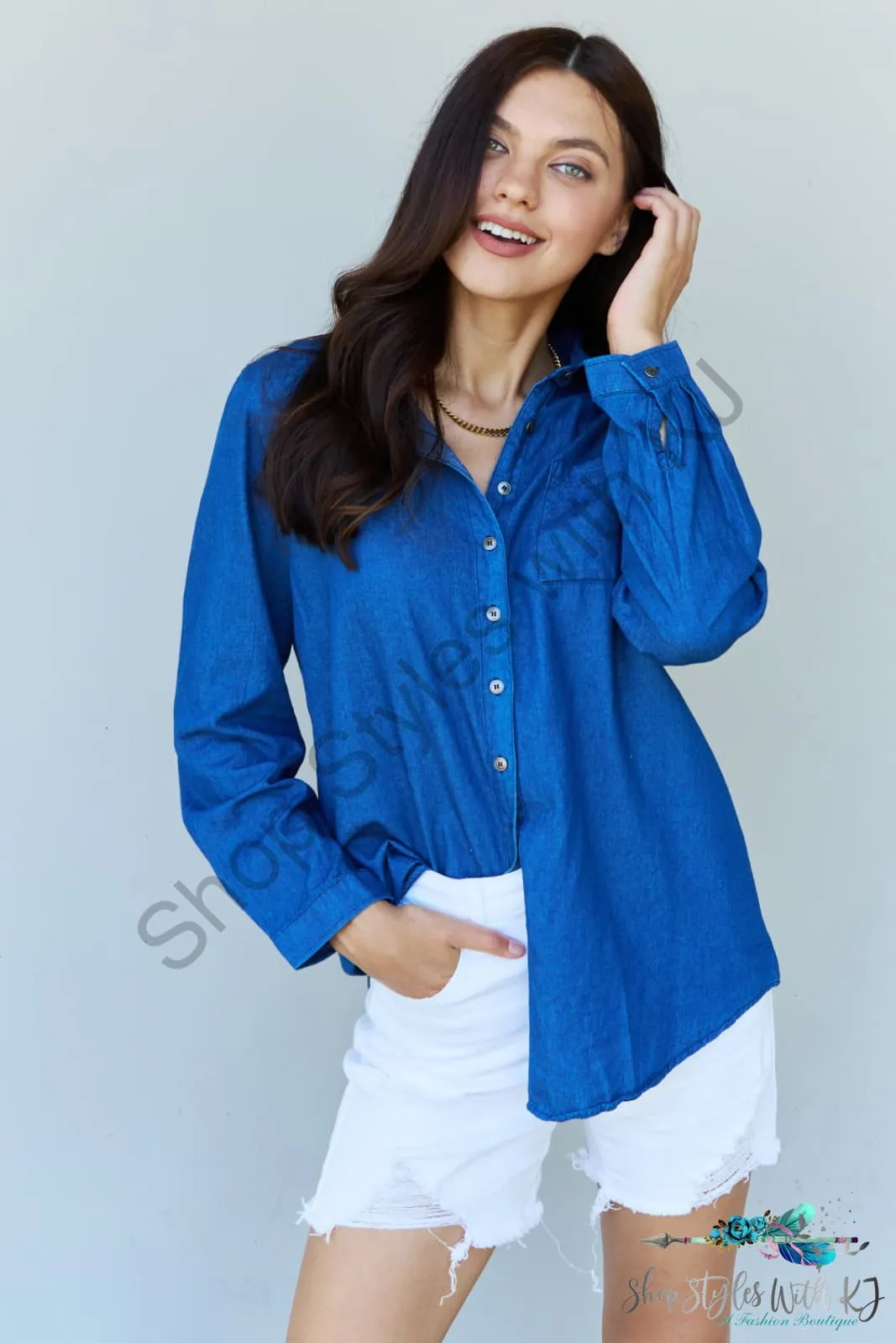 Blue Jean Baby Denim Button Down Shirt Top in Dark Blue