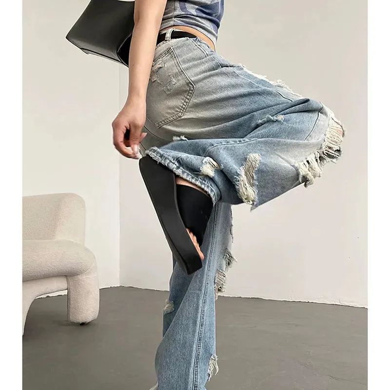 Blue Low Waist Vintage American Fashion Wide Leg Worn-out Baggy Summer Denim Jeans