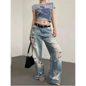 Blue Low Waist Vintage American Fashion Wide Leg Worn-out Baggy Summer Denim Jeans